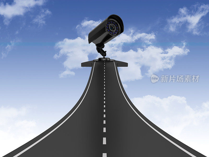 道路箭头与安全摄像头在天空- 3D渲染